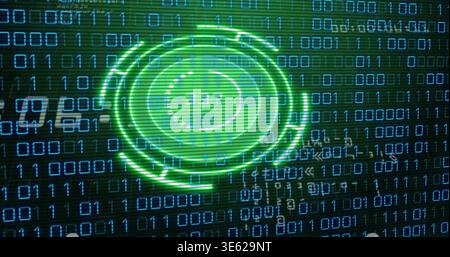 Displaying neon-green HUD rotating on screen over binary digits with glowing core and scan lines Stock Photo