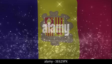 Displaying central coat of arms shimmering on digital backdrop, with tricolor flag and motto Stock Photo