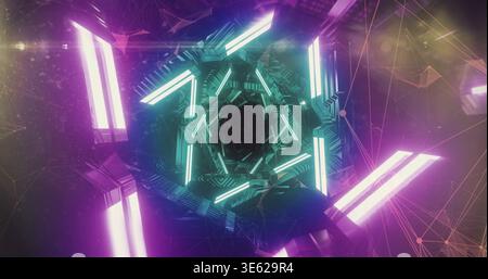 Glowing hexagonal tunnel vortex pulling toward dark void in sci-fi corridor, with cyan magenta bars Stock Photo
