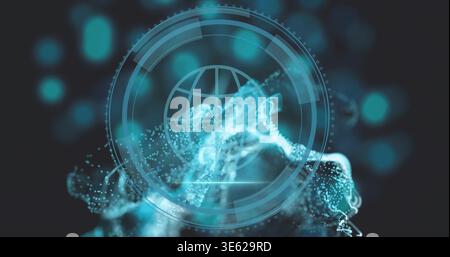 Floating holographic globe HUD projecting concentric rings in virtual space with particle mesh Stock Photo
