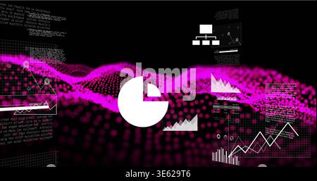 Displaying central white pie-chart icon hovering in virtual 3D data dashboard, with magenta wave Stock Photo