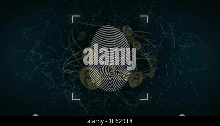 Displaying central fingerprint pulsing in cyber interface, with corner brackets, nodes, gold tokens Stock Photo