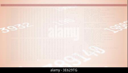 Displaying central soft data panel on peach workspace, showing hex grid, code, numerals, maroon bar Stock Photo