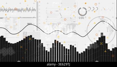 Displaying dense black bar histogram on analytics dashboard, showing trend line and hexagon markers Stock Photo