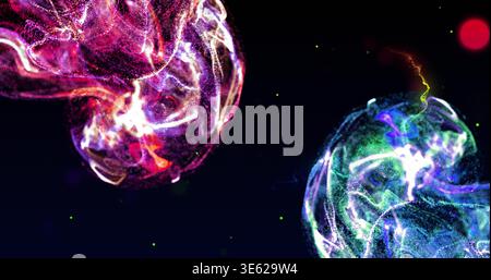 Swirling pair of luminous spheres floating in deep dark void, emitting filament ribbons and specks Stock Photo