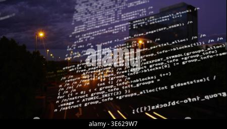 Displaying terminal text overlay floating over highway at night, blending with light trails Stock Photo