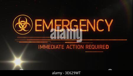 Displaying glowing EMERGENCY heading with biohazard symbol and IMMEDIATE ACTION text on dark HUD Stock Photo