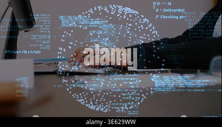 Typing female hands wearing dark sleeves pressing keys on laptop at office, showing globe overlay Stock Photo