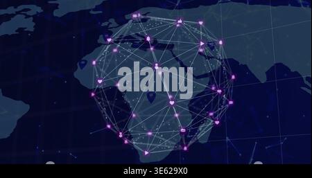 Displaying spherical network overlay centered over Africa on navy map, showing nodes and user icons Stock Photo