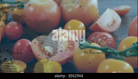 Vertical video: Designer adding halftone overlay to tomatoes on wood, showing seeds for food ad Stock Photo
