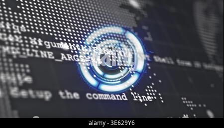 Displaying futuristic blue circular HUD graphic on computer display, with monospaced code lines Stock Photo