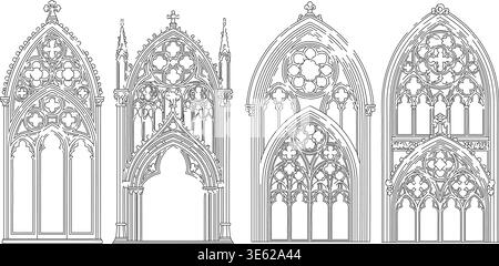 Gothic cathedral window arches vector set, ornate medieval architecture line art Stock Vector