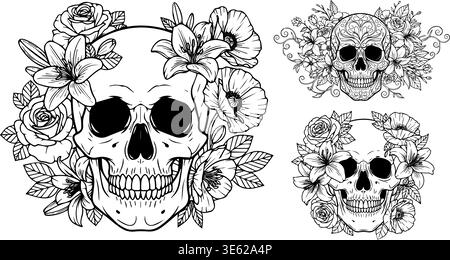 Decorative floral skull vector illustration, detailed flower and skeleton head line art Stock Vector