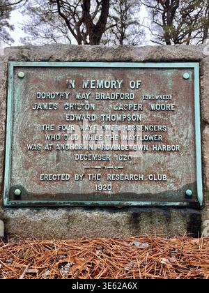 Plaque memorializing Mayflower passengers’ deaths in Winthrop Street Cemetery in Provincetown, Massachusetts. Stock Photo