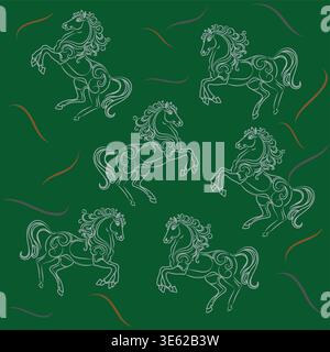 Elegant fine line silver horse seamless pattern on green  background inspired by Cheltenham Stock Vector