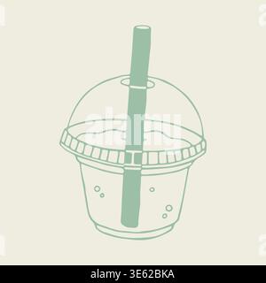 Hand drawn vector of a refreshing bubble tea in a plastic cup with a dome lid and a thick straw. Minimalist beverage illustration with small boba Stock Vector
