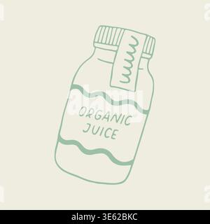 Hand drawn vector of an organic juice glass jar with a screw cap and a decorative paper tag. Minimalist packaging illustration featuring wavy patterns Stock Vector
