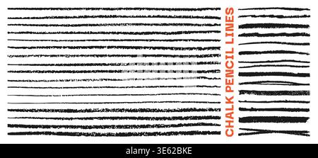 Horizontal chalk stripes with rough sketch texture set. Lined paper look and childish doodle feel. Funky thin lines pattern in crayon and pencil drawn style. Strokes and grunge marks playful art Stock Vector