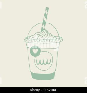 Hand drawn vector of a frappe coffee in a takeaway cup with whipped cream and a striped straw. Detailed line art illustration featuring a heart icon Stock Vector