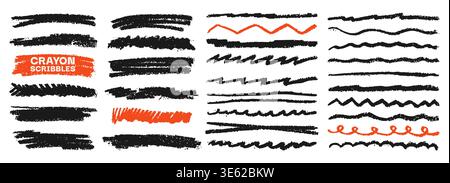 Chalk wavy swirl line divider pattern crayon scribble set. Flowing continuous squiggle strokes. Doodle lines forming undulating abstract curvy stripes. Decorative border pencil drawing curly linework Stock Vector