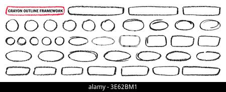 Crayon outline ovals, circles and ellipses set. Pencil hand drawn emphasis elements, freehand line art frames. Doodle style chalk sketches rough thin borders round shapes highlights handwritten vector Stock Vector