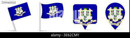 Connecticut state flag collection with waving flag, flag on pole, rounded marker and navigation pin. US state symbol isolated on white background. Stock Vector