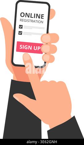 Flat vector of a person using a mobile phone to sign up for an online service with a digital registration form. Stock illustration. Stock Vector