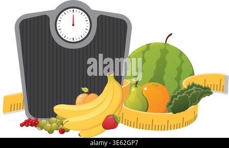 Vector graphic featuring a scale, tape measure, and various fresh fruits representing weight loss and healthy living. Stock Vector
