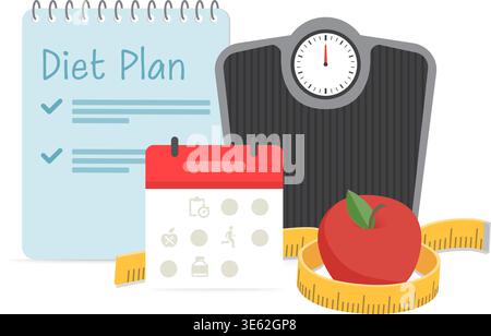 Comprehensive vector set featuring a diet plan notebook, calendar, apple, weighing scale, and measuring tape for weight loss concepts. Stock Vector