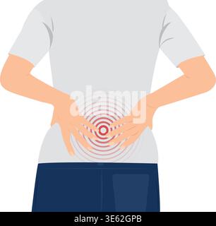 Flat illustration of a person holding lower back with red pain signal, representing spine discomfort, injury, or health issue. Stock illustration Stock Vector