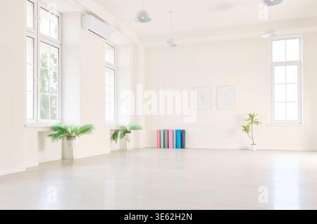 Bright minimalist yoga studio interior with large windows, mats, plants and light Stock Photo