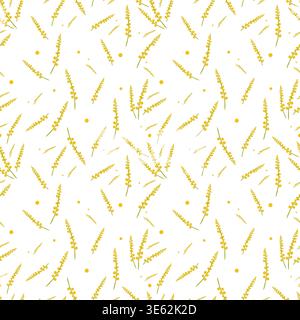 Seamless pattern with yellow mimosa branches on transparent background. Spring floral botanical repeat print for textile and gift wrapping Stock Vector