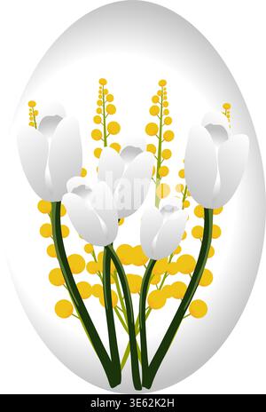 Easter egg shape with white tulip bouquet and yellow mimosa on transparent background. Spring floral vector illustration for holiday cards Stock Vector