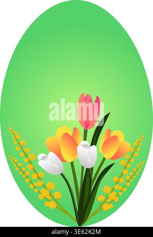 Green Easter egg shape with yellow mimosa and colorful tulip bouquet. Spring floral vector illustration isolated on transparent background Stock Vector