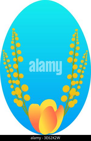 Blue Easter egg shape with yellow mimosa branches and orange tulip bouquet. Spring floral vector illustration for holiday greeting cards Stock Vector