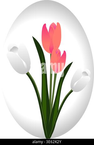 Easter egg shape with pink and white tulip bouquet on transparent background. Spring floral vector illustration for holiday cards Stock Vector
