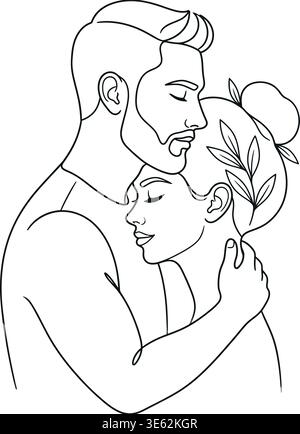 Minimal Line Art Couple Embracing Romantic Love Illustration Stock Vector