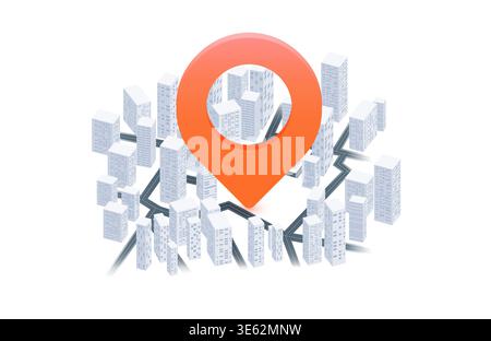 Abstract pin icon on the city map with houses. Transportation delivery, Locator position point. GPS tracking system to navigate. Location vector Stock Vector