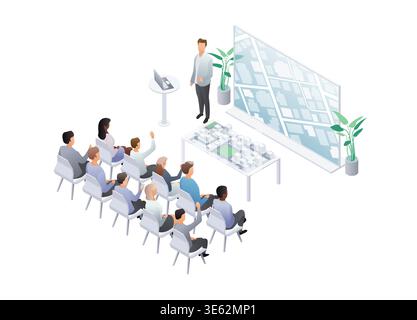 Isometric meeting presentation of building house. Team planning project and making presentation at meeting. House Layout. Male and female characters Stock Vector