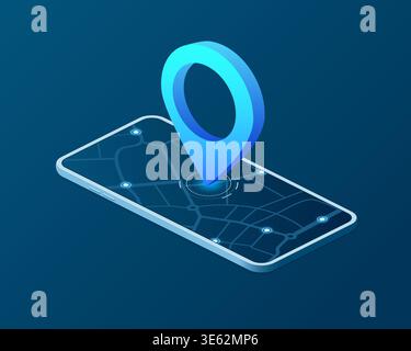 Navigation system showing a tracking destination. Traveling with modern gps system. Pin and map with route for travel and trip navigation. Location Stock Vector