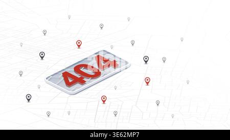 404 error with maps navigation with red color point markers. Navigation system broke. Vector illustration on white background Stock Vector