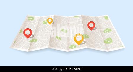 Cartography map with city route navigation to marker. Geography distance plan. Vector illustration on blue background Stock Vector