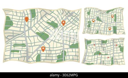 Set pf paper map with red points. Local street gps navigate. City route navigation to marker. Geography distance plan. Vector illustration on white Stock Vector