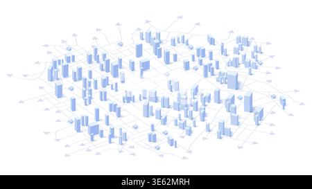 Urbanization concept, cityscape on map with interconnected lines. Encompasses the growth of urban areas. Reflects population concentration, the Stock Vector
