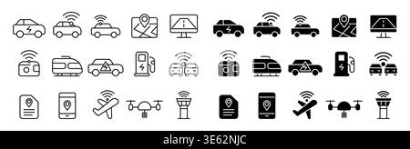 Explore a diverse set of icons representing electric vehicles, transportation technology, and connectivity, designed for modern design and digital app Stock Vector