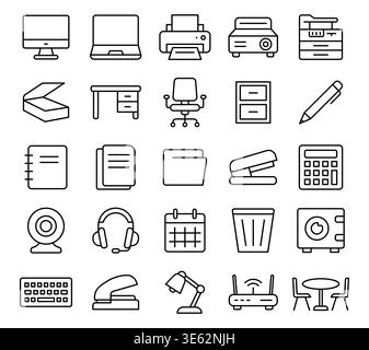 A versatile collection of line icons representing essential office items such as computers, furniture, and tools. Ideal for business or design project Stock Vector