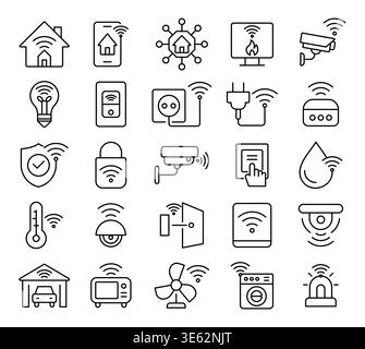 A detailed collection of line icons illustrating various smart home devices, showcasing connectivity, automation, and security features for modern liv Stock Vector