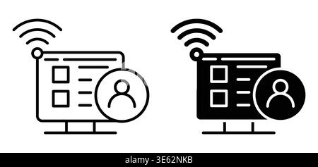 Set of two icons depicting a computer screen with a wireless signal and user profile. The designs are versatile for technology and communication theme Stock Vector