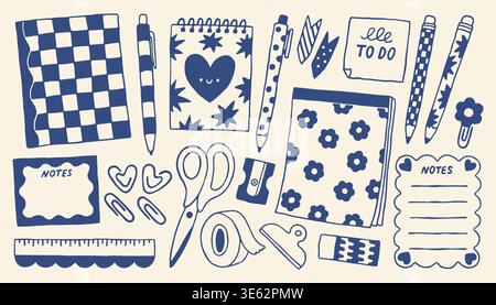 Vector collection of school stationery and office supplies. Hand drawn doodle set with notebooks and scissors in minimalist mediterranean style Stock Vector