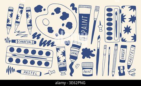 Hand drawn art supplies set with palette and paint tubes. Minimalist doodle collection of brushes and pencils in blue mediterranean vector style Stock Vector